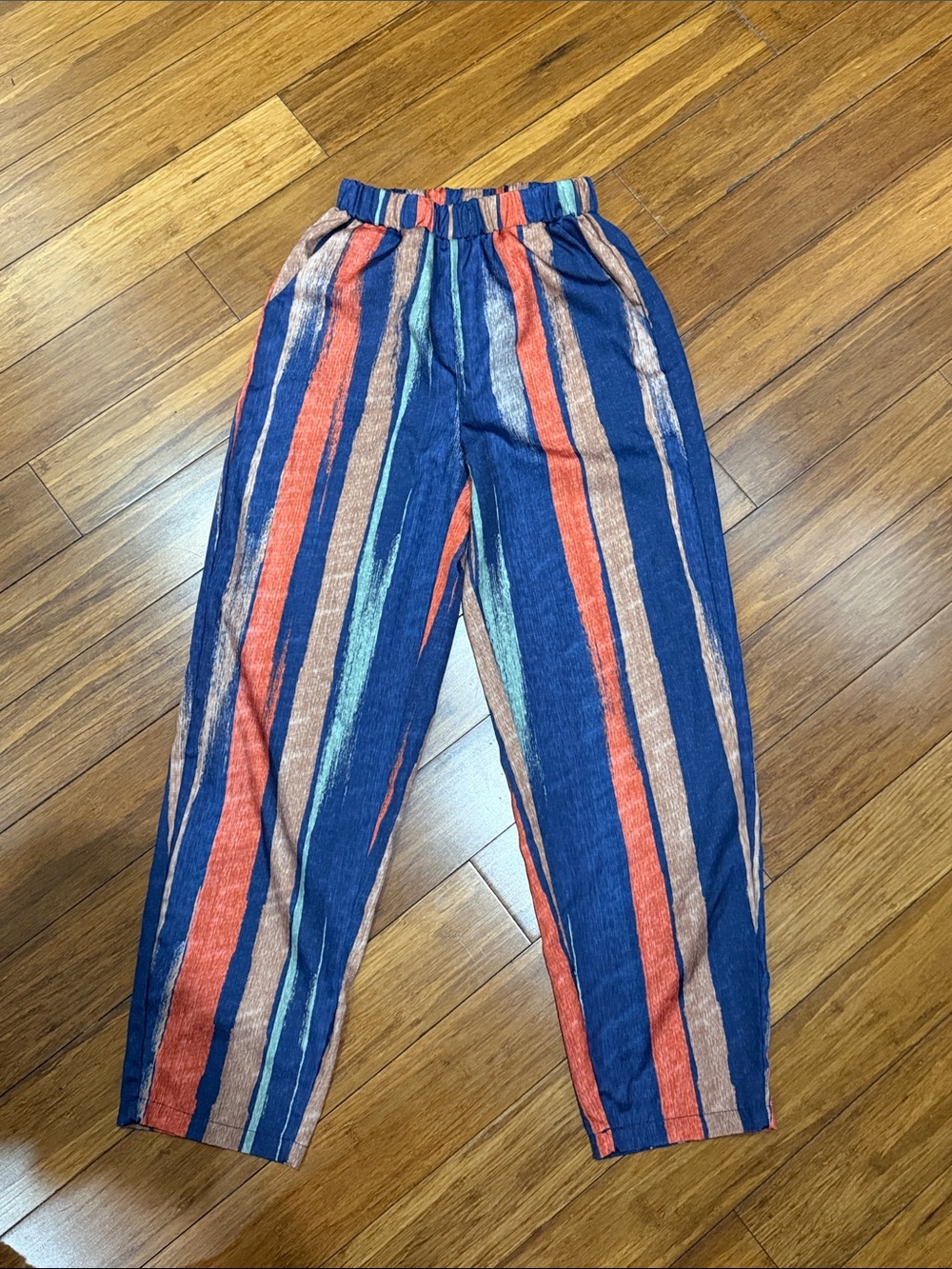 Striped Elastic Waist Pants in Navy, Coral & Tan small
